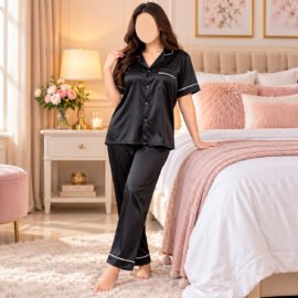 Women’s Satin 2-Piece Night Suit with Contrast Piping