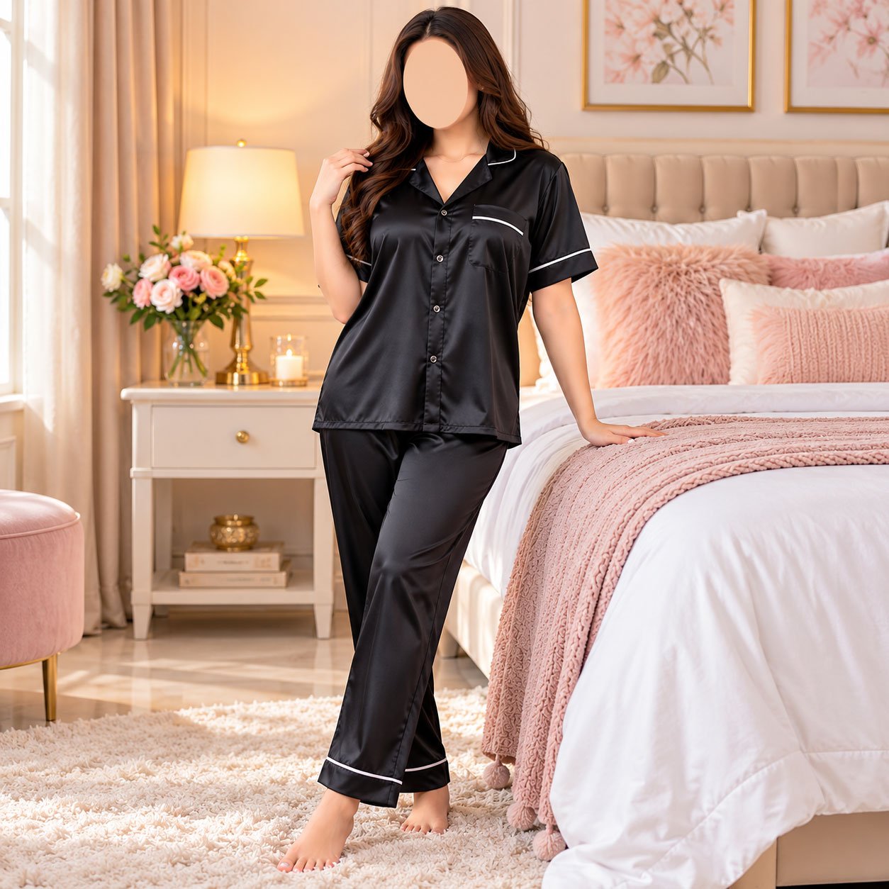 Women’s Satin 2-Piece Night Suit with Contrast Piping