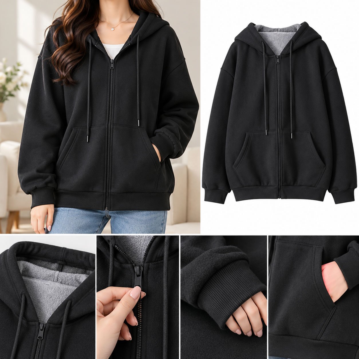 Women’s Plain Full Zip Hoodie – Casual Hooded Jacket - Image 12