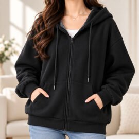 Women’s Plain Full Zip Hoodie – Casual Hooded Jacket