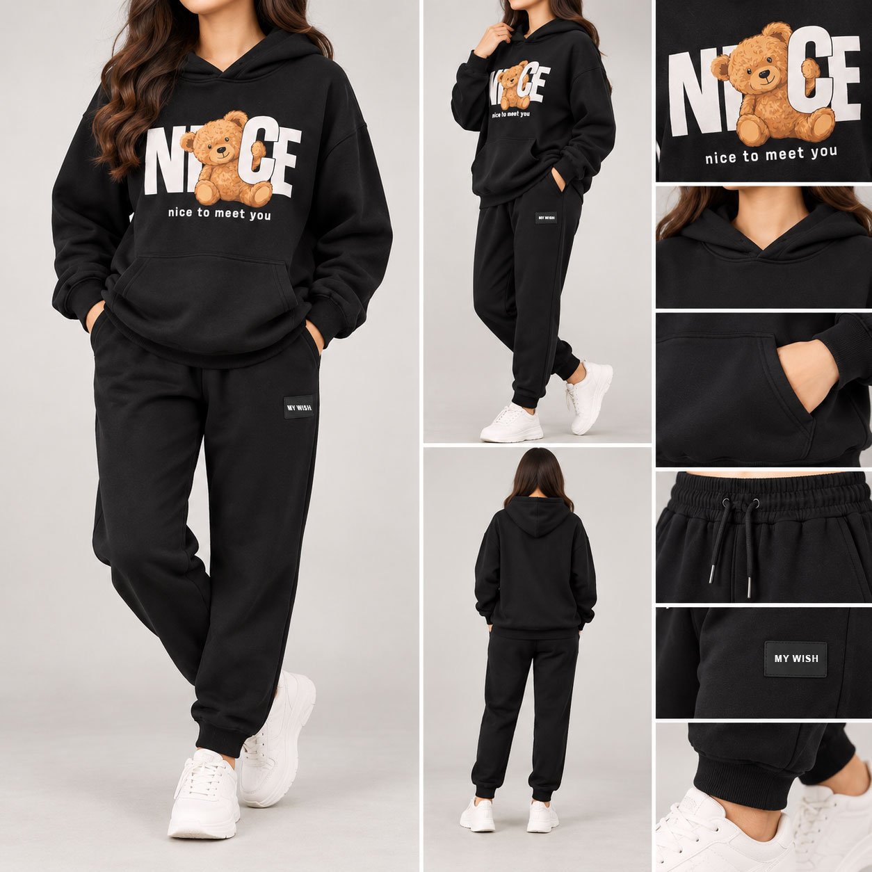 Women’s Black Teddy Bear DTF Printed Hoodie & Jogger Tracksuit Set - Image 3