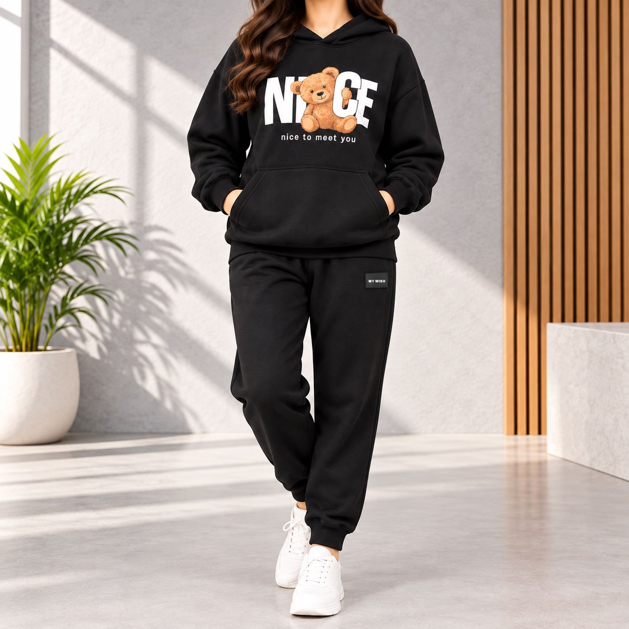 Women’s Black Teddy Bear DTF Printed Hoodie & Jogger Tracksuit Set