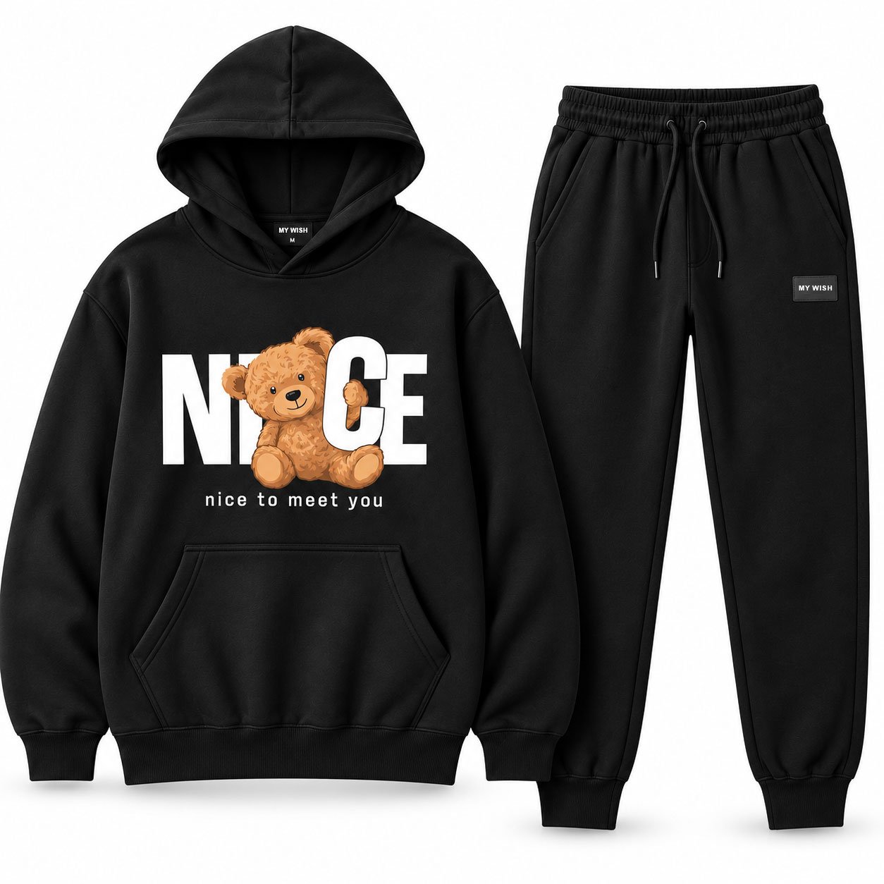 Women’s Black Teddy Bear DTF Printed Hoodie & Jogger Tracksuit Set - Image 2